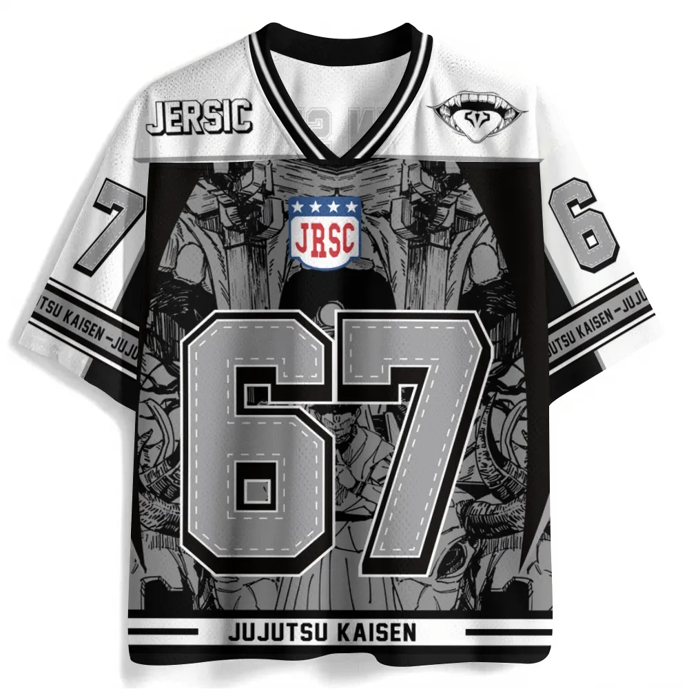 Jujutsu Kaisen Ryomen Sukuna Football Jersey, Number 67 Anime V-Neck Jersey Shirt, Black White Grey Manga Panel Sports Tee for Fans