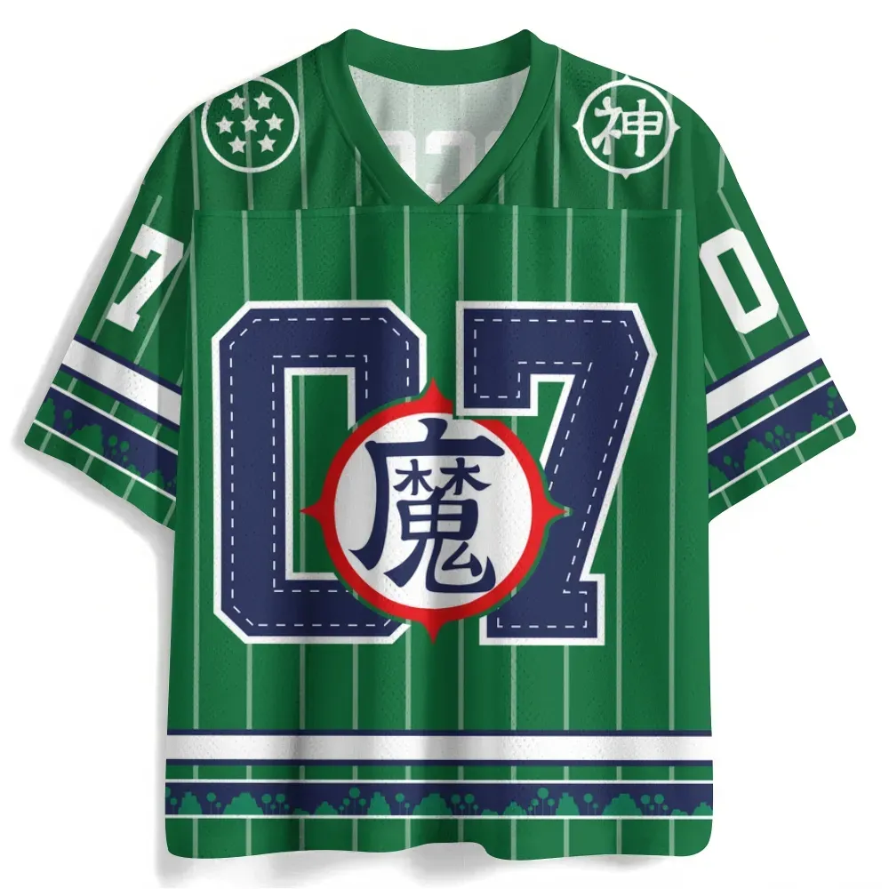 Dragon Ball Piccolo Football Jersey, Demon King Ma Kanji 07 Namekian Anime V-Neck Jersey Shirt, Green Pinstripe Navy and White Sports Tee