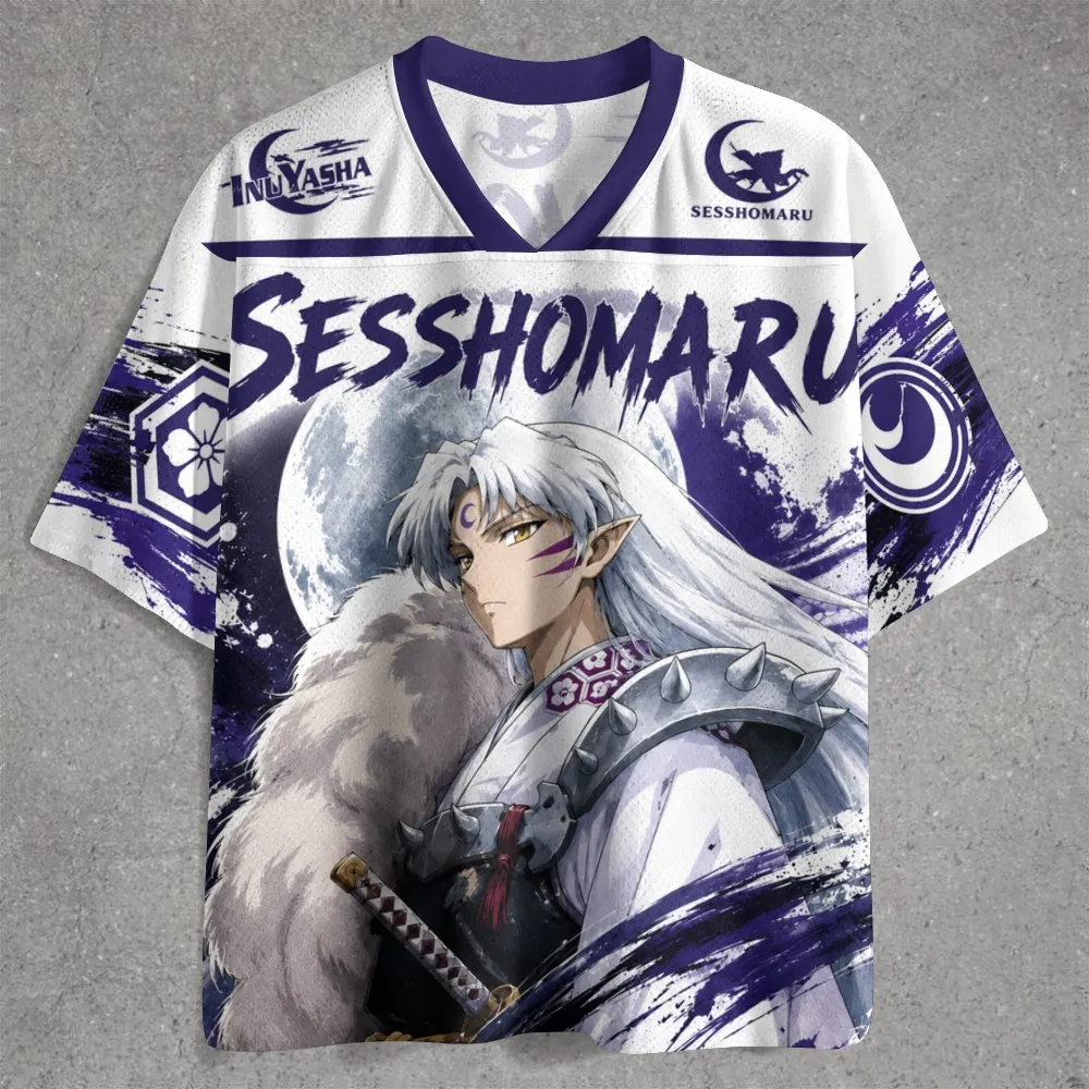Inuyasha Sesshomaru Football Jersey, Demon Lord Full Moon White and Indigo Anime V-Neck Jersey Shirt, Western Lands Crescent Crest Sports Tee