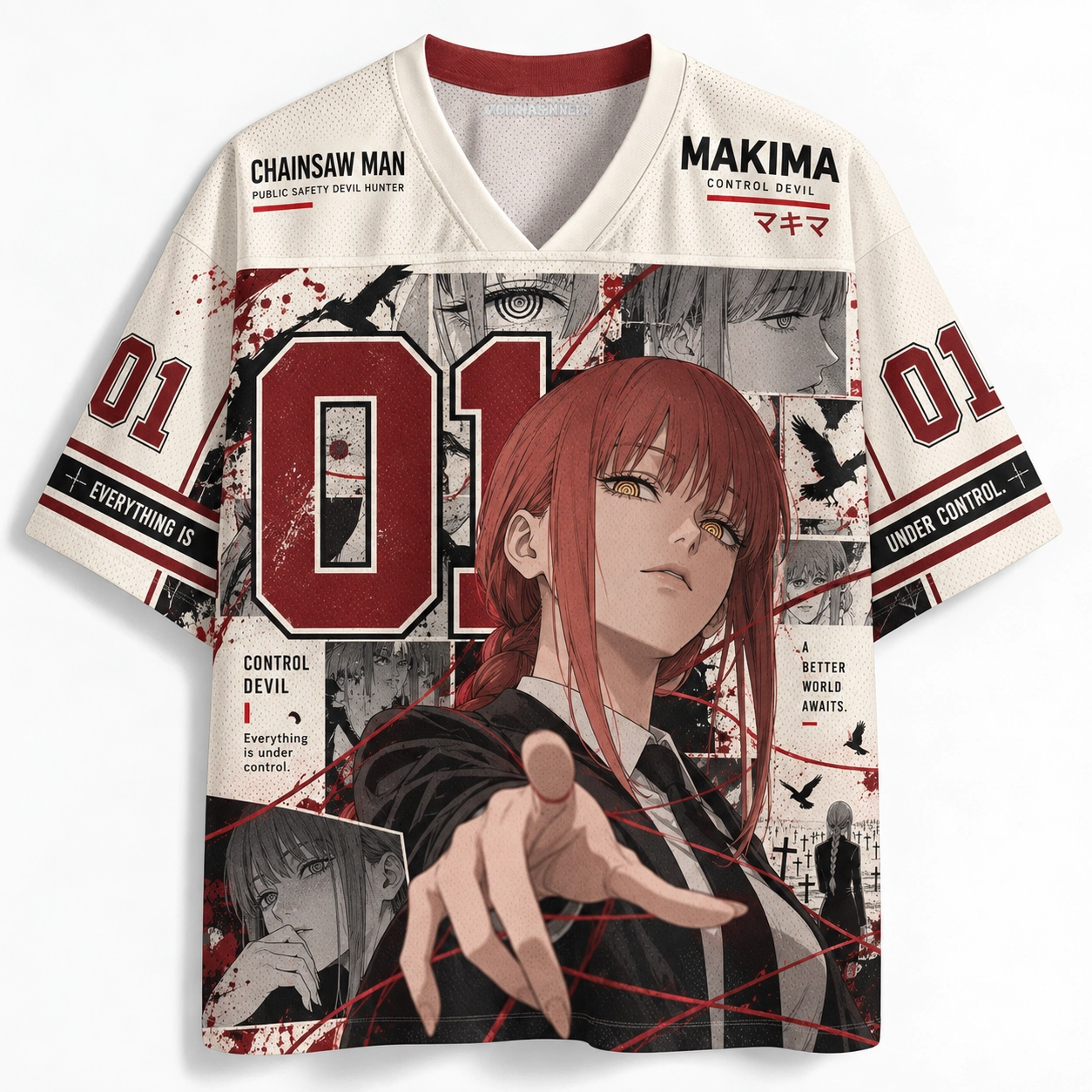 Chainsaw Man Makima Football Jersey, Control Devil Number 01 Public Safety Crows Manga Panel Anime V-Neck Jersey Shirt, Cream Red Sports Tee