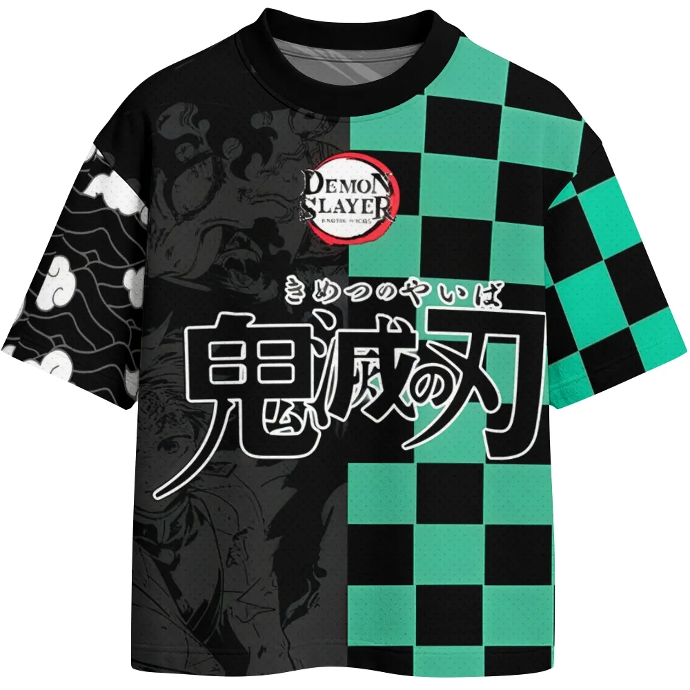 Demon Slayer Tanjiro Kamado Crew Neck Football Jersey, Kimetsu no Yaiba Green Checkered Haori Pattern Anime Jersey Shirt, Black Streetwear Tee