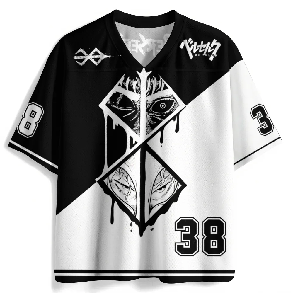 Berserk Brand of Sacrifice Football Jersey, Guts Griffith Number 38 Anime V-Neck Jersey Shirt, Black White Split Mesh Tee for Manga Fans