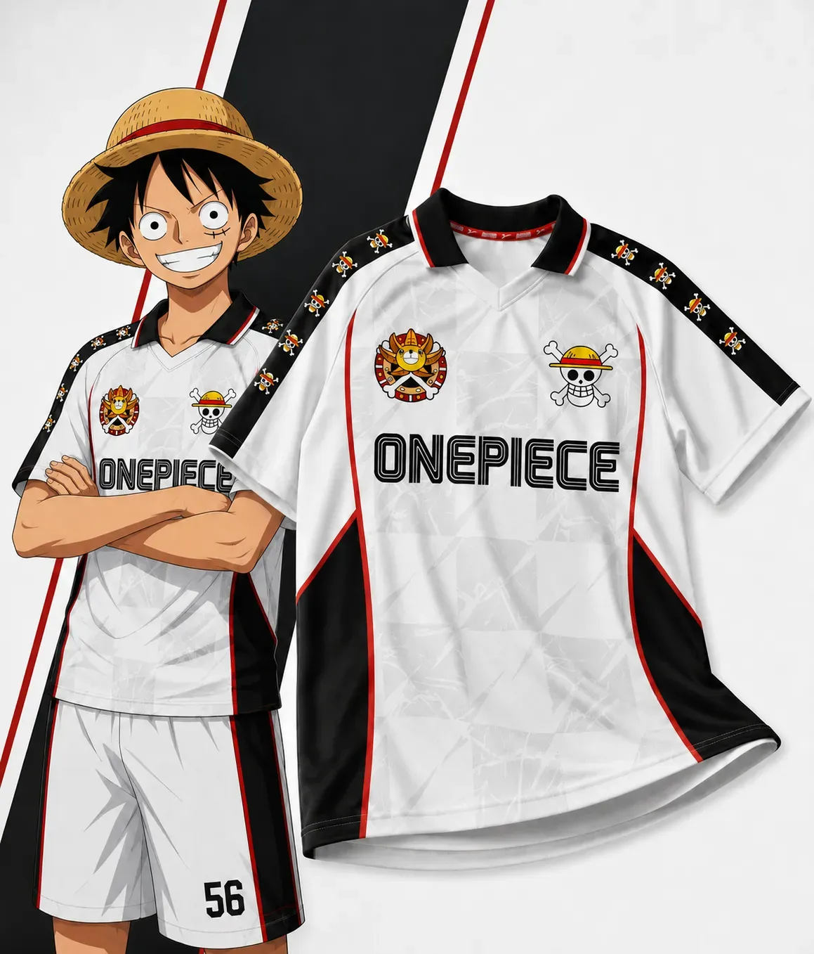 One Piece Luffy Football Jersey, Thousand Sunny Crest and Straw Hat Jolly Roger Anime Soccer Style Jersey Shirt, White Black and Red Sports Tee
