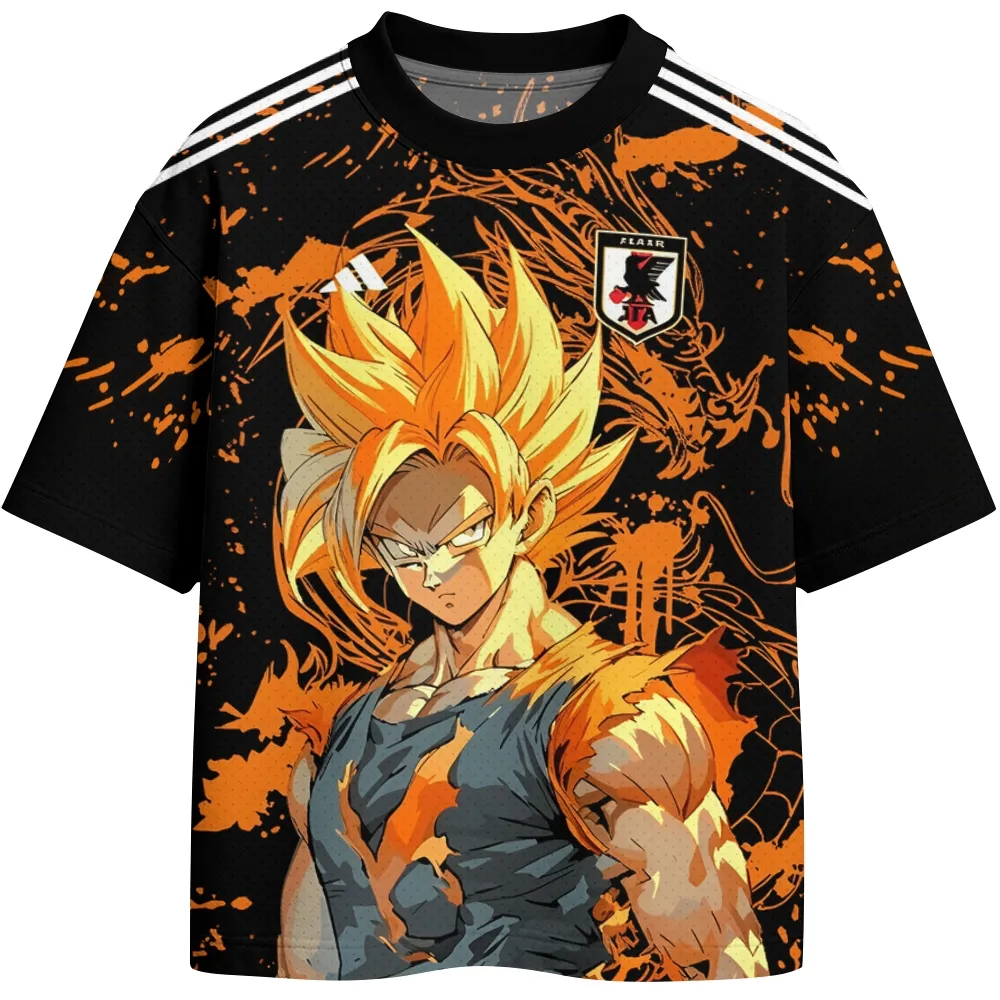 Dragon Ball Super Saiyan Goku Football Jersey, Japan Style Black and Orange Crew Neck Soccer Shirt, Number 9 Nombre Ink Splash Fan Kit Tee