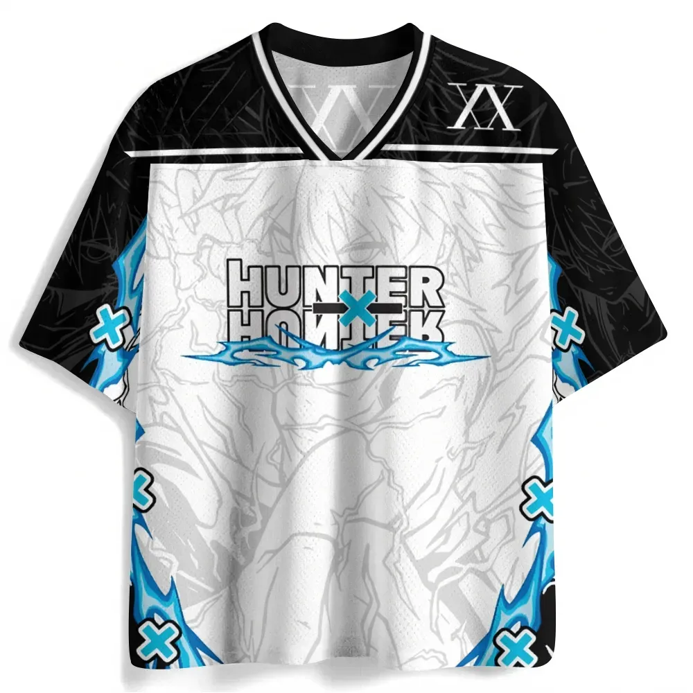 Hunter x Hunter Killua Zoldyck Football Jersey, Godspeed Lightning Anime V-Neck Jersey Shirt, White Black Blue Mesh Tee for HxH Fans