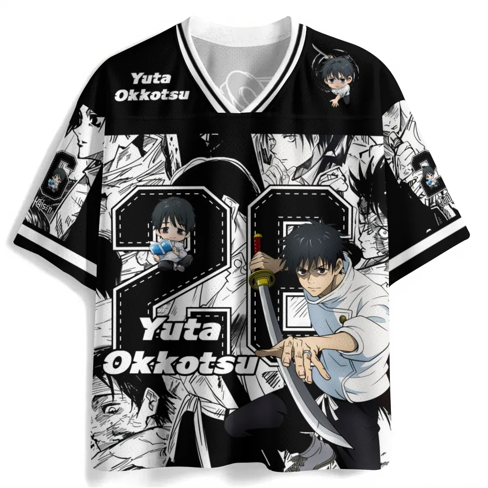 Jujutsu Kaisen Yuta Okkotsu Football Jersey, Rika Cursed Spirit Number 26 Manga Panel Anime V-Neck Jersey Shirt, Black White Sports Tee