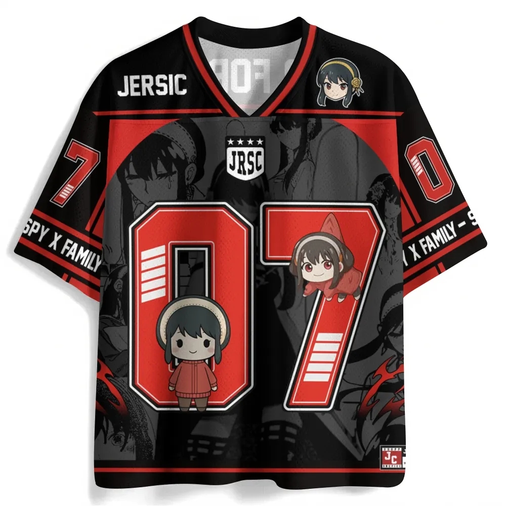 Spy x Family Yor Forger Football Jersey, Thorn Princess Number 07 Red Sweater Chibi Yor Anime V-Neck Jersey Shirt, Black Red Grey Sports Tee