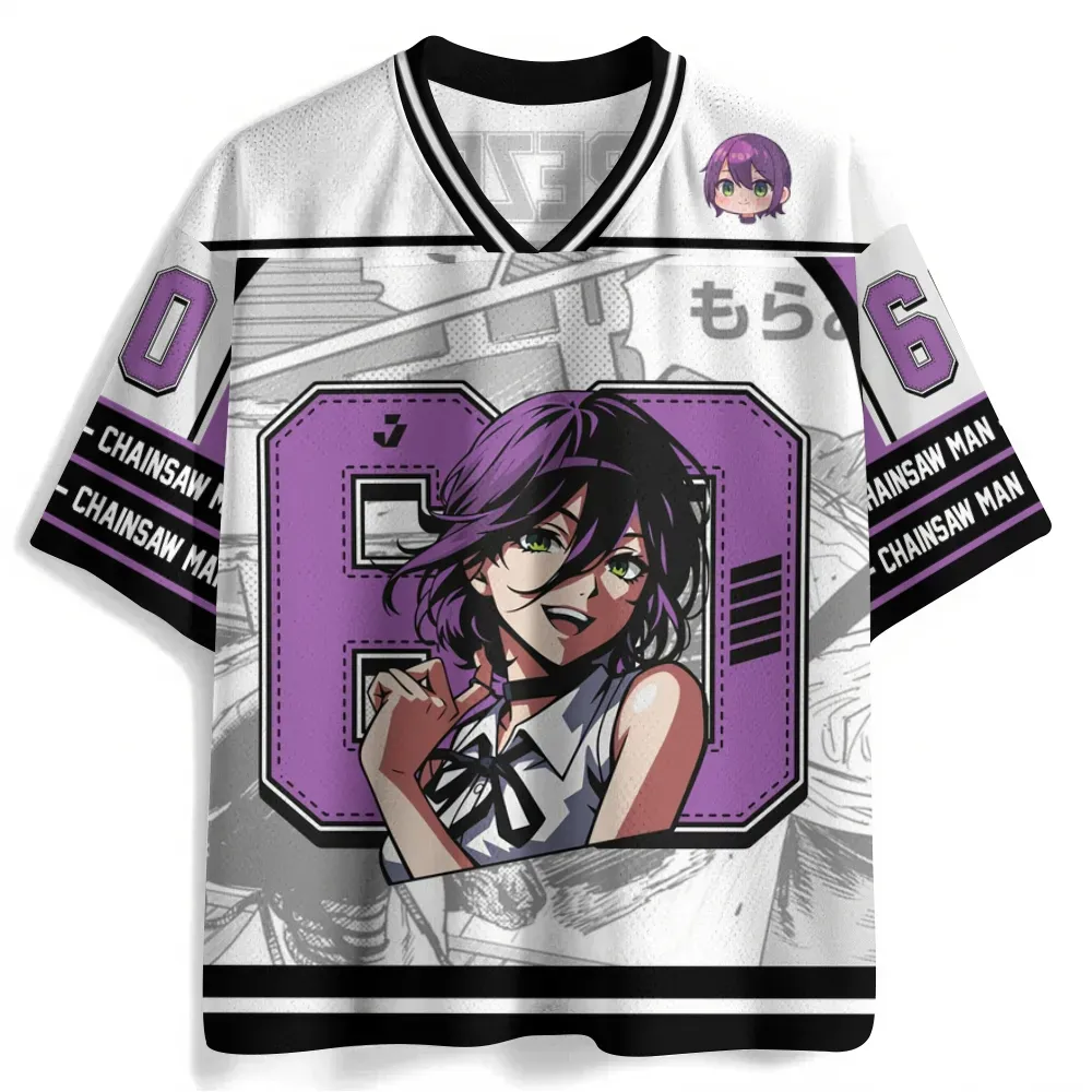 Chainsaw Man Reze Football Jersey, Bomb Devil Girl Anime V-Neck Jersey Shirt, White Purple Number 60 Manga Panel Tee for Denji Fans