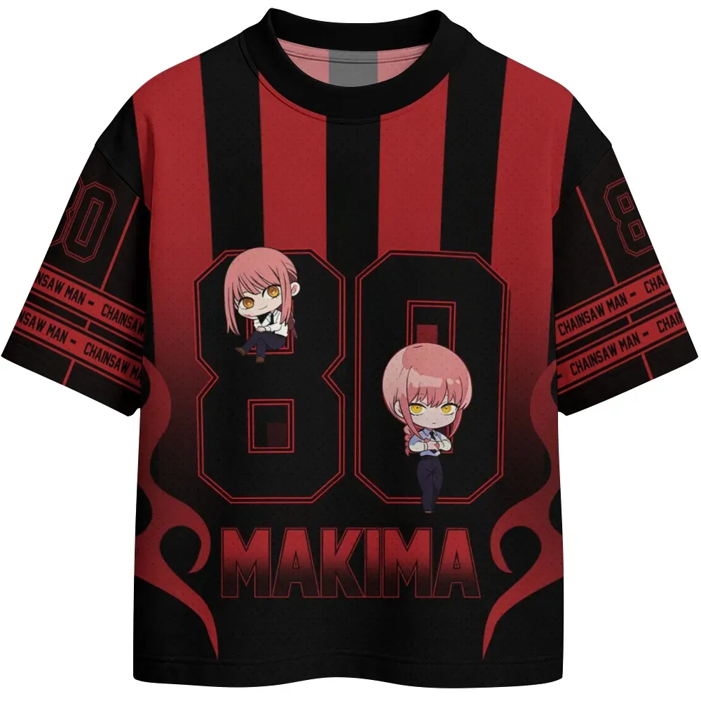 Chainsaw Man Makima Football Jersey, Control Devil Red and Black Striped Crew Neck Anime Jersey Shirt with Number 80, Twin Chibi Fan Tee