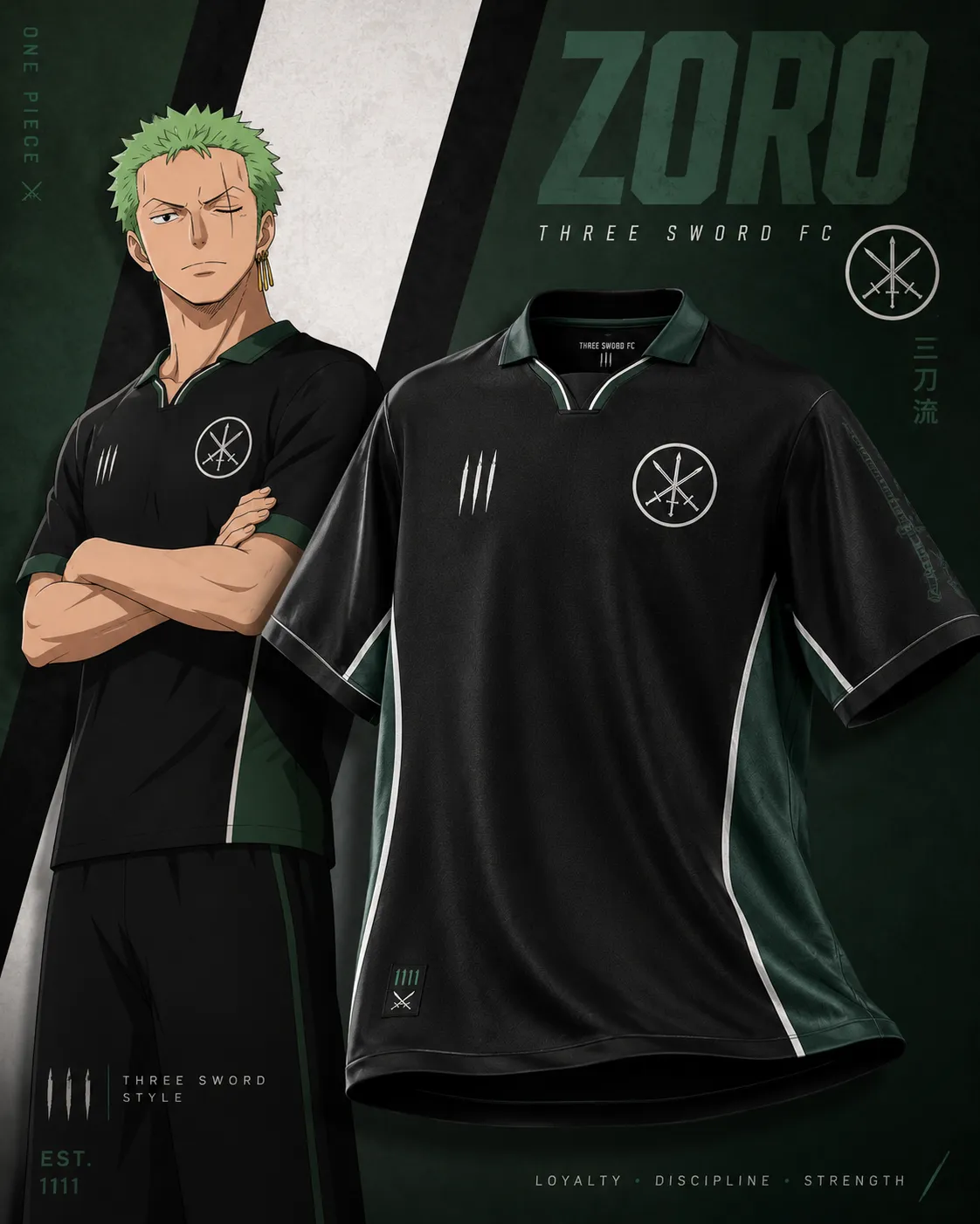 One Piece Roronoa Zoro Santoryu Football Jersey, Straw Hat Pirates Anime Collared V-Neck Jersey Shirt, Black Dark Green Minimal Tee