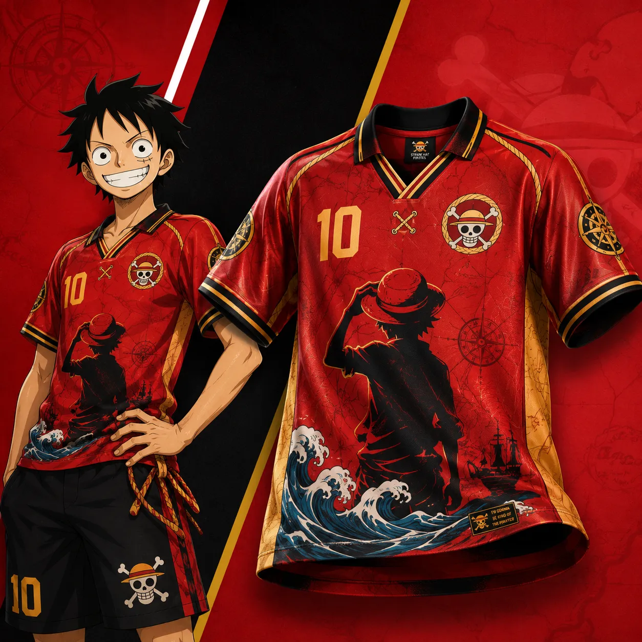 One Piece Monkey D Luffy Football Jersey, Straw Hat Silhouette Great Wave Number 10 Collared Jersey Shirt, Red Gold Anime Tee for Fans