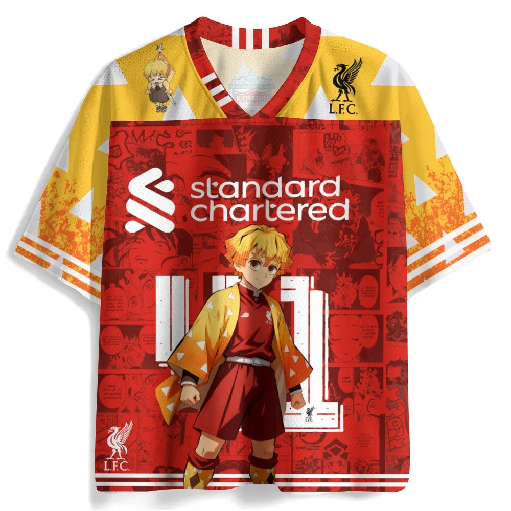 Demon Slayer Zenitsu Agatsuma Football Jersey, Soccer Ball Kick Thunder Breathing Triangle Haori Anime V-Neck Jersey Shirt, Red Yellow Tee