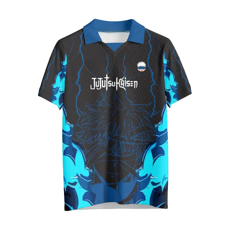 Jujutsu Kaisen Satoru Gojo Football Jersey, Black and Electric Blue Collared Soccer Shirt, Six Eyes Blindfold Lightning Anime Fan Kit Tee