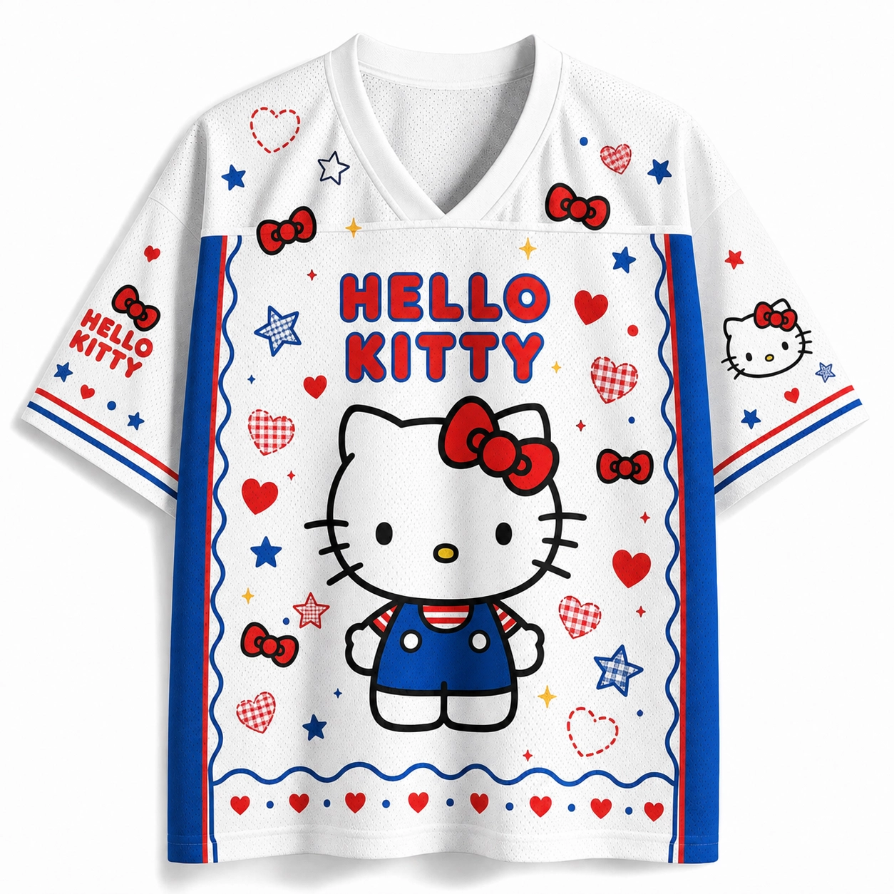 Sanrio Hello Kitty Football Jersey, Red Bow Overalls Gingham Hearts Stars Kawaii Cartoon V-Neck Jersey Shirt, White Red Royal Blue Sports Tee