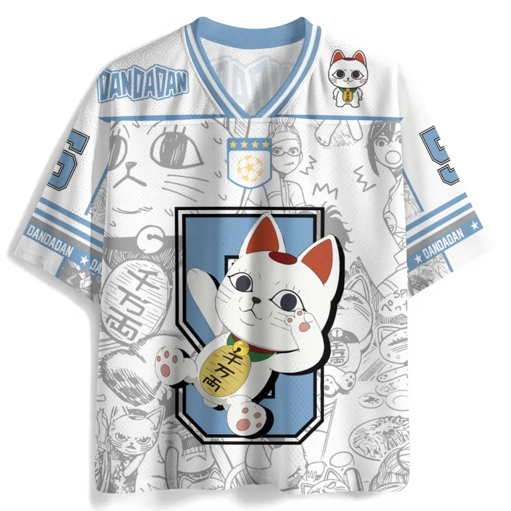Dandadan Turbo Granny Lucky Cat Football Jersey, Maneki Neko Number 5 Anime V-Neck Jersey Shirt, White Light Blue Mesh Tee for Fans