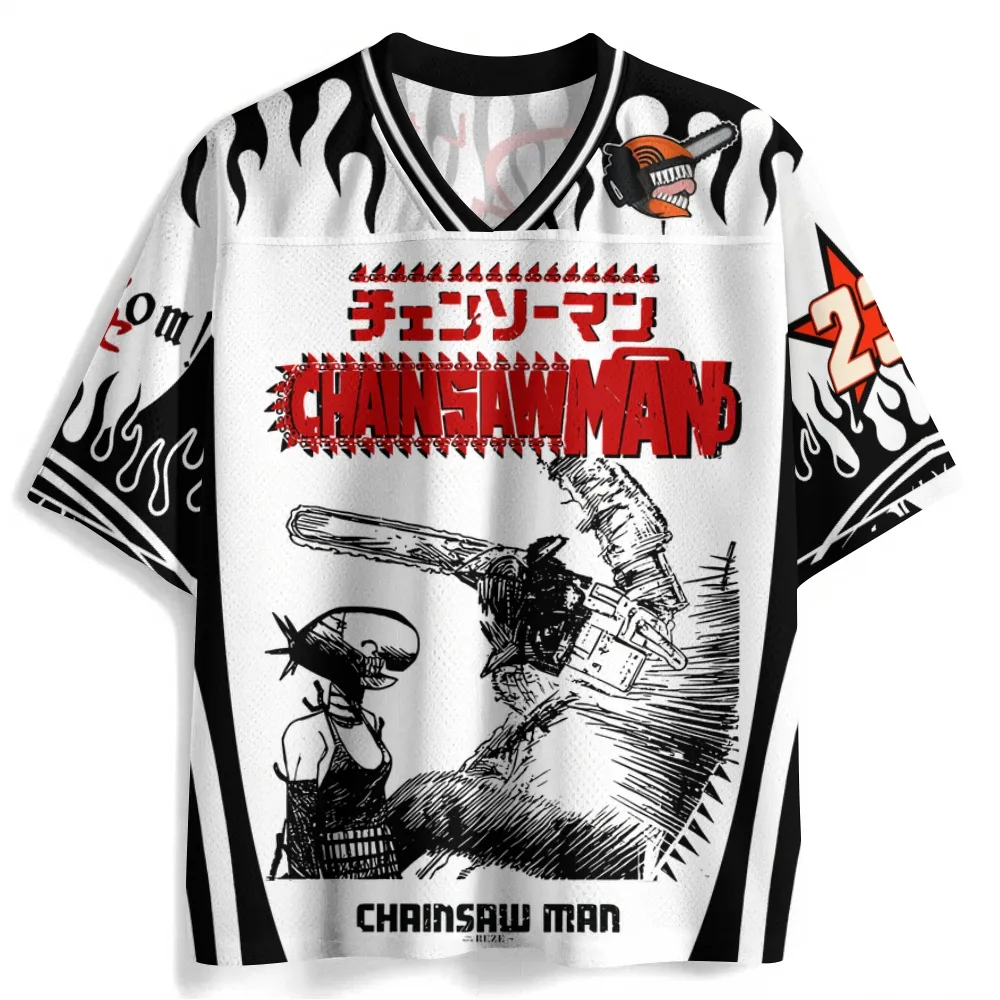 Chainsaw Man Denji Football Jersey, Reze Bomb Devil Power Manga Art Japanese Title Anime V-Neck Jersey Shirt, White Black Red Sports Tee