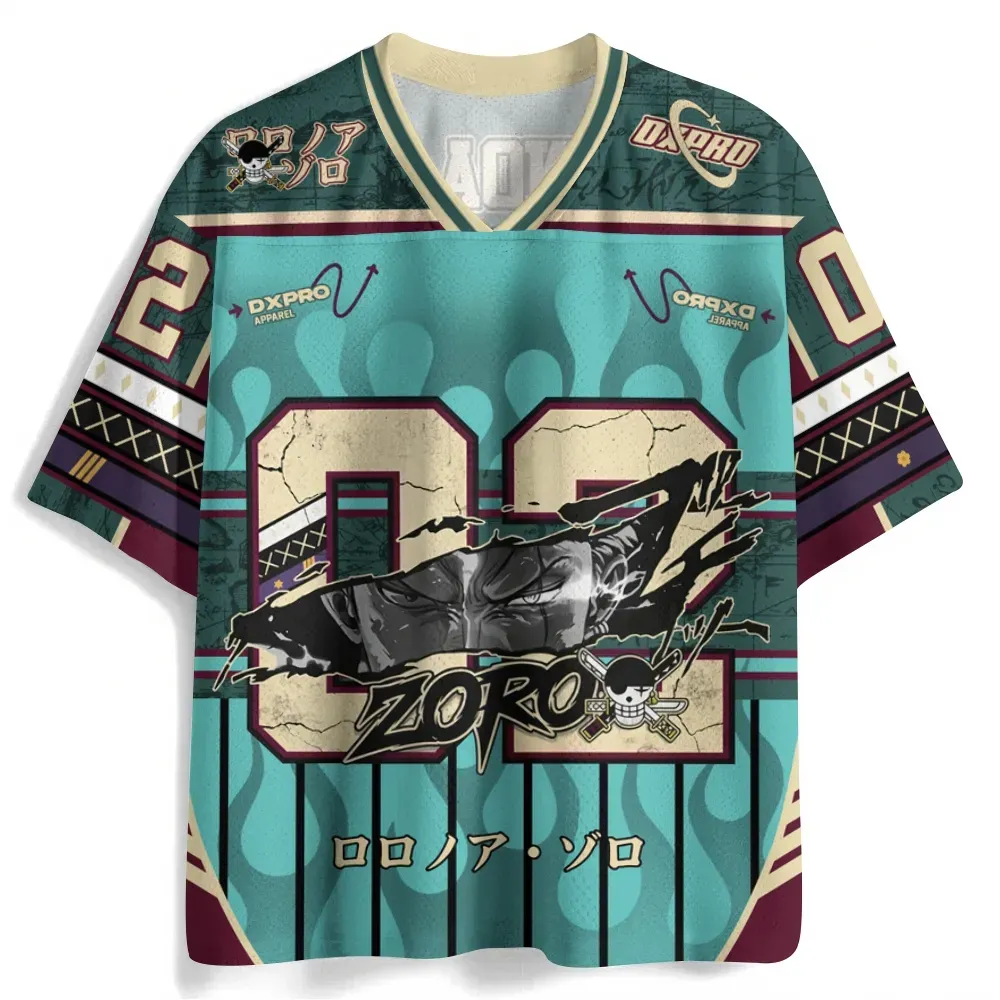One Piece Roronoa Zoro Football Jersey, Straw Hat Pirates Anime V-Neck Jersey Shirt, Teal Maroon Number 02 Tee for Pirate Hunter Fans