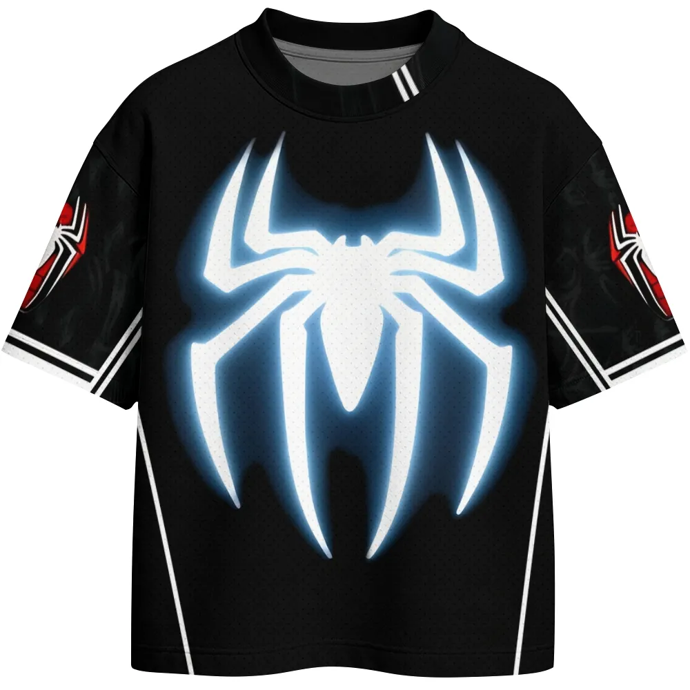 Spider-Man Glowing Emblem Football Jersey, Black Symbiote Style Crew Neck Superhero Jersey Shirt, Neon Blue Web Back Print Sports Tee for Fans