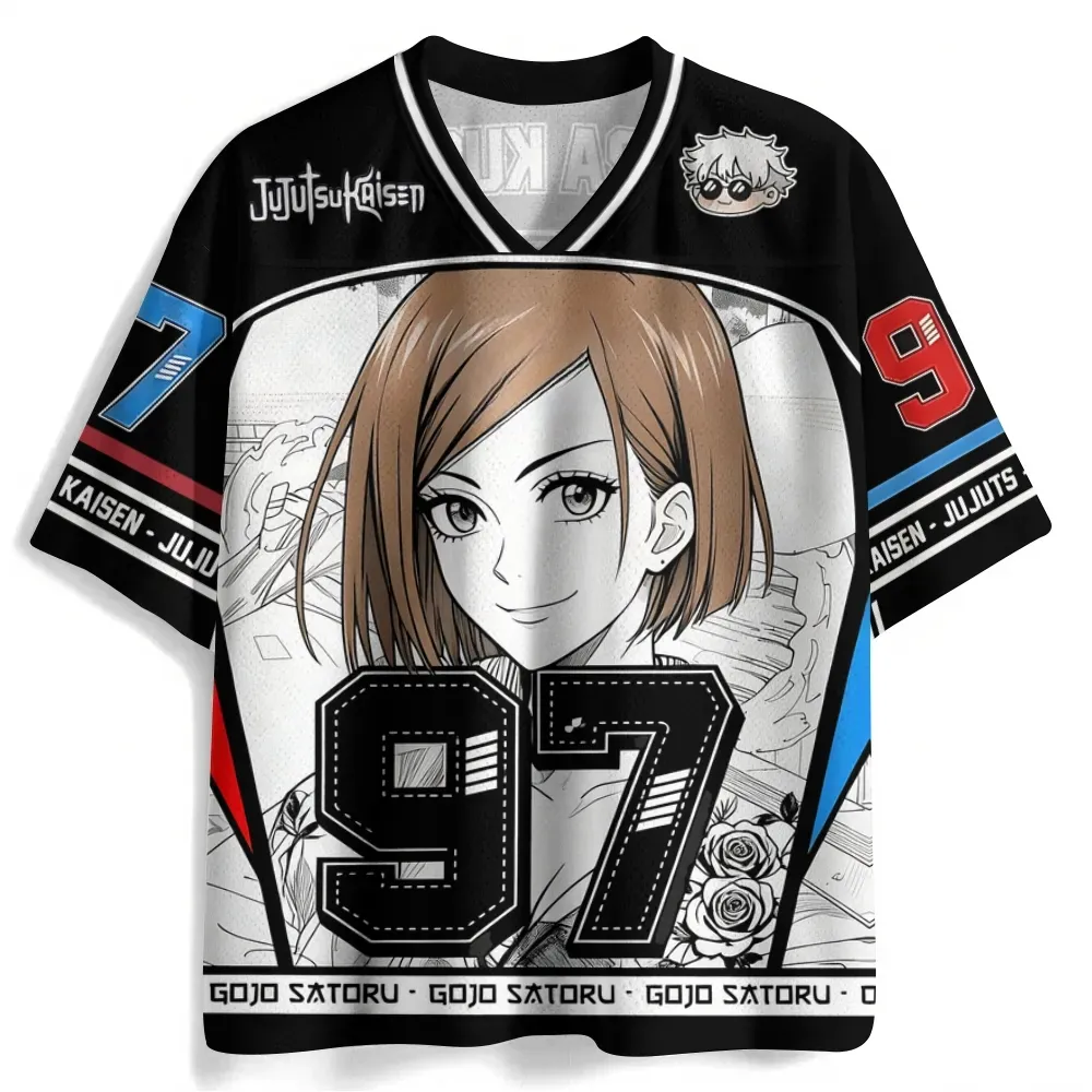 Jujutsu Kaisen Nobara Kugisaki Football Jersey, Number 97 Straw Doll Hammer Manga Panel Rose Anime V-Neck Jersey Shirt, Black White Red Blue Tee