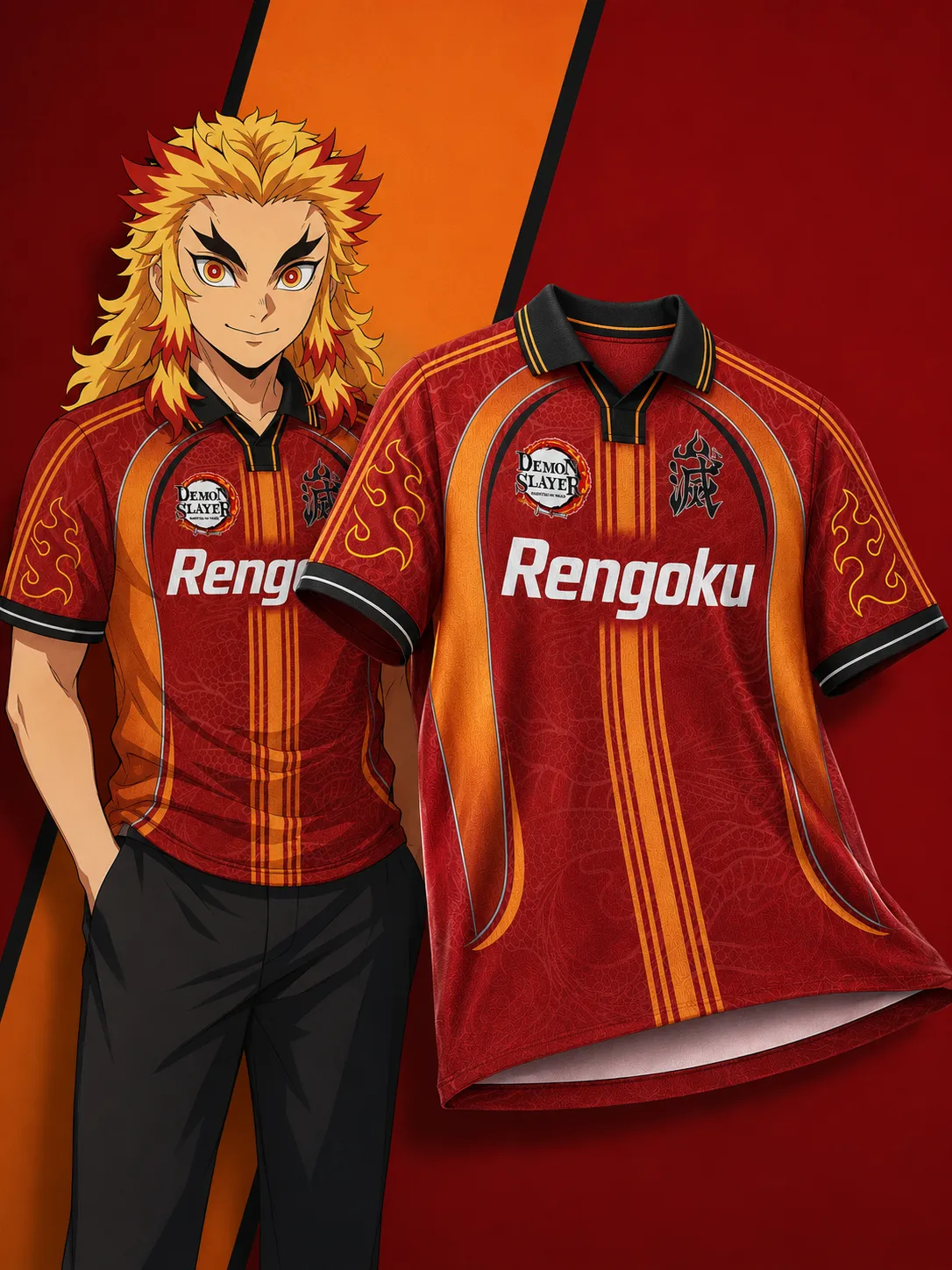 Demon Slayer Kyojuro Rengoku Football Jersey, Flame Hashira Anime Soccer Style Jersey Shirt, Red Orange and Black Retro Sports Tee for Fans