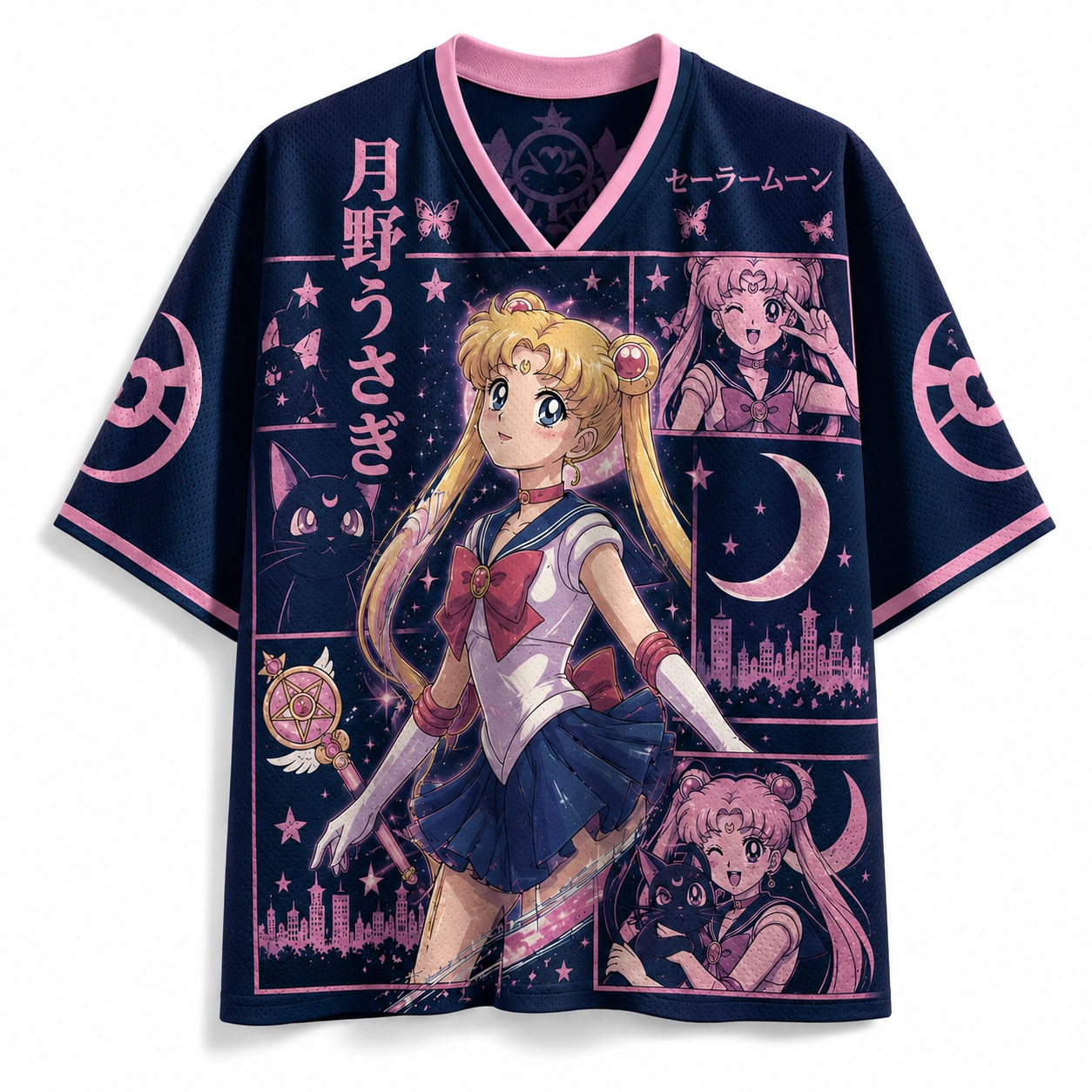 Sailor Moon Usagi Tsukino Football Jersey, Navy and Pink Anime V-Neck Jersey Shirt, Luna Cat Crescent Wand Retro Manga Panel Tee