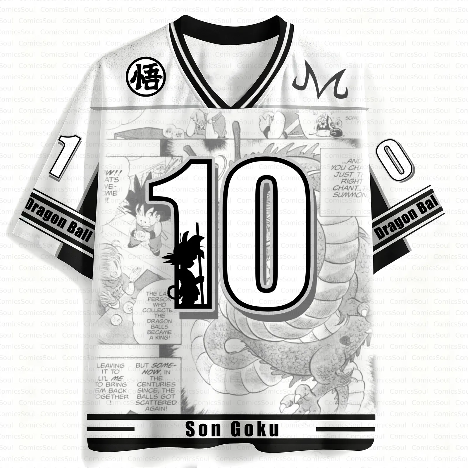 Dragon Ball Son Goku Football Jersey, Number 10 Patriots Script Majin Mark Manga Panel Anime V-Neck Jersey Shirt, White Black Orange Tee