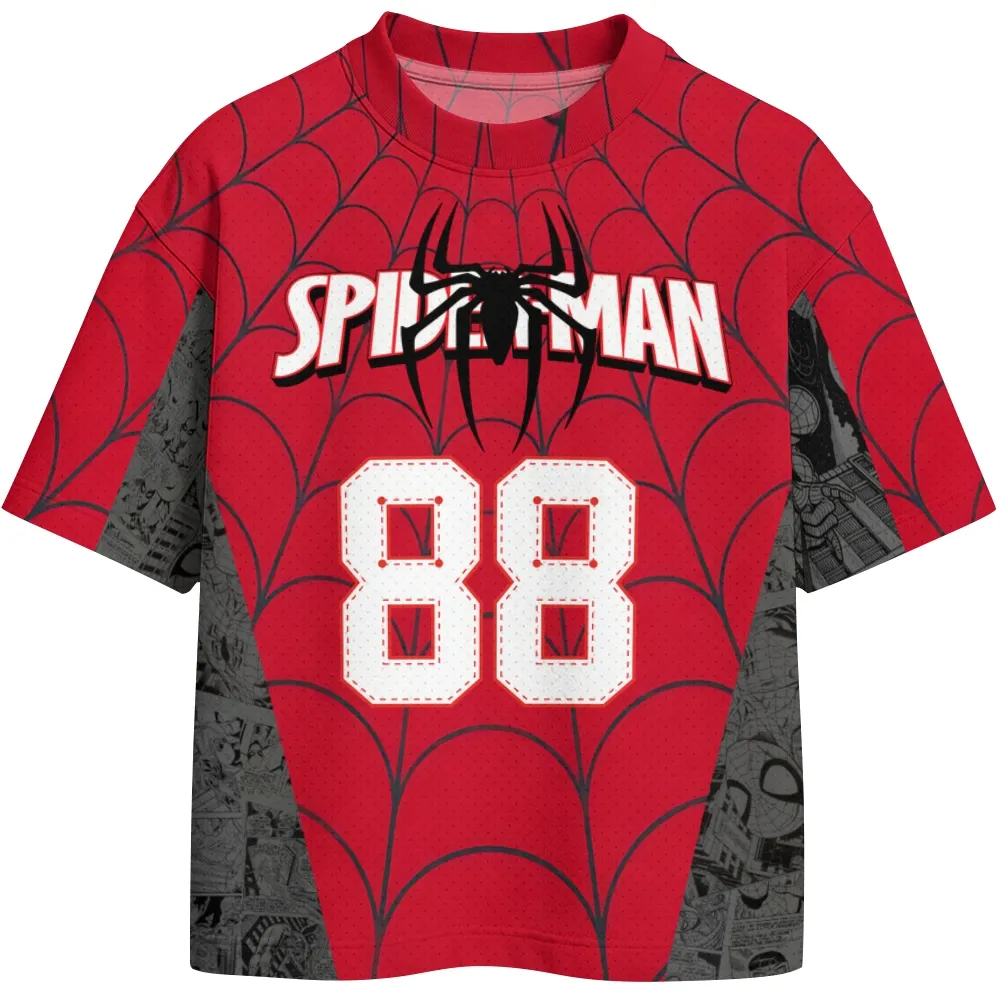 Spider-Man Football Jersey, Number 88 Black Emblem Web Pattern Superhero Crew Neck Jersey Shirt, Red and Grey Comic Panel Sports Tee