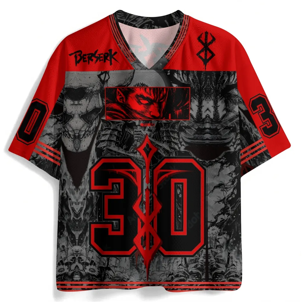 Berserk Guts Football Jersey, Number 30 Brand of Sacrifice Hooded Warrior Manga Close Up Anime V-Neck Jersey Shirt, Red Black Grey Tee