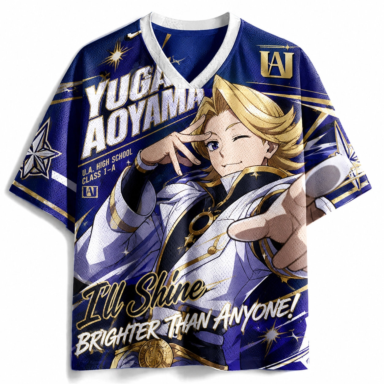 My Hero Academia Yuga Aoyama Football Jersey, U.A. High School Class 1-A Anime V-Neck Jersey Shirt, Navy Blue Gold White Tee for MHA Fans