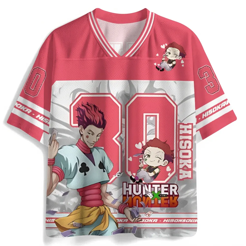Hunter x Hunter Hisoka Morow Football Jersey, Magician Playing Cards Number 30 Anime V-Neck Jersey Shirt, Coral Pink White Mesh Tee for Fans