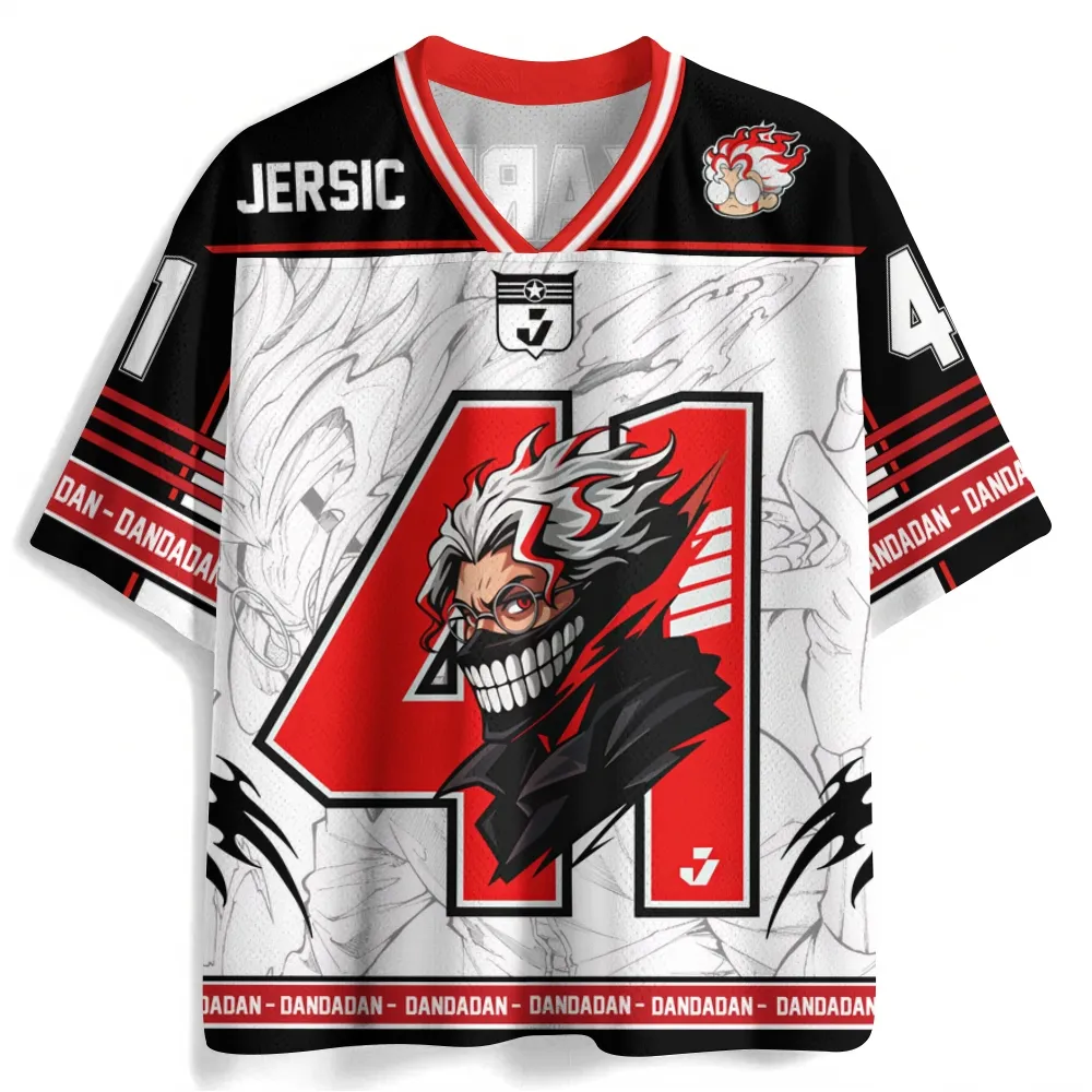 Dandadan Okarun Football Jersey, Number 41 Turbo Granny Transformation Chibi Anime V-Neck Jersey Shirt, White Red Black Sports Tee