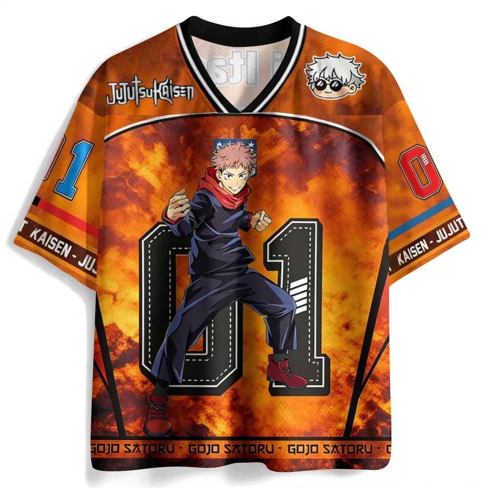 Jujutsu Kaisen Yuji Itadori Football Jersey, Tokyo High Cursed Energy Anime V-Neck Jersey Shirt, Fiery Orange Black Number 01 Tee for Fans