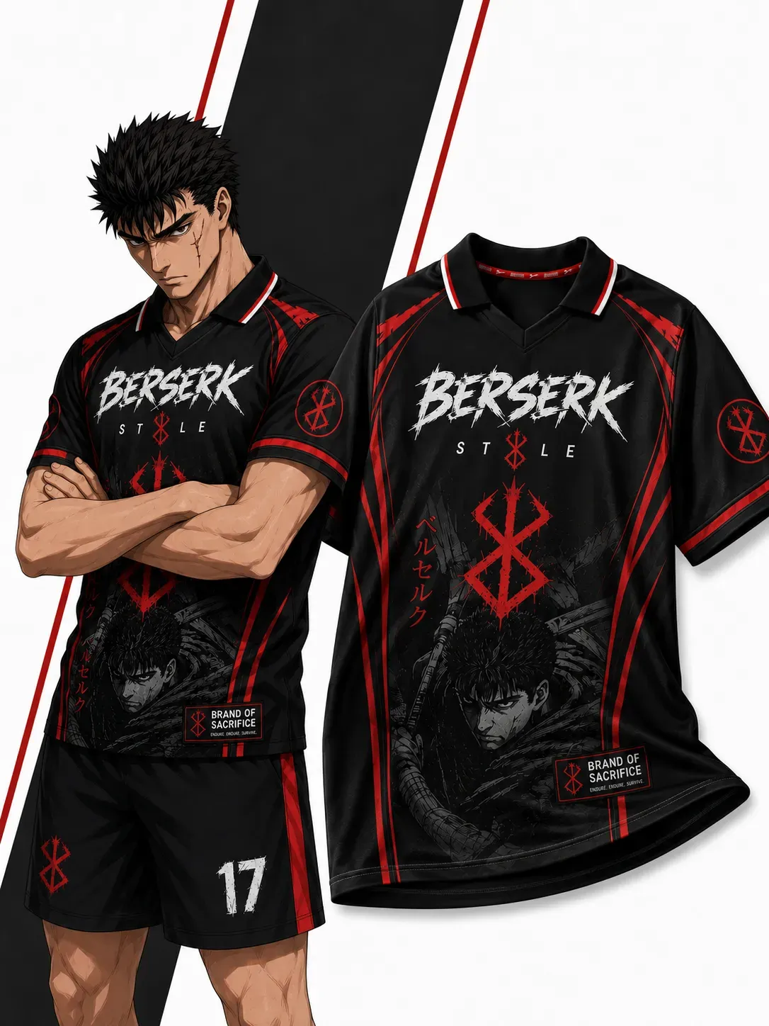 Berserk Guts Football Jersey, Brand of Sacrifice Black and Red Collared Anime Soccer Jersey Shirt, Style Logo Dark Fantasy Manga Sports Tee