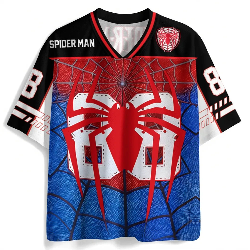 Spider-Man Football Jersey, Number 88 Red Blue and Black Superhero V-Neck Jersey Shirt, Hero Suit Web Pattern Sports Tee for Comic Book Fans