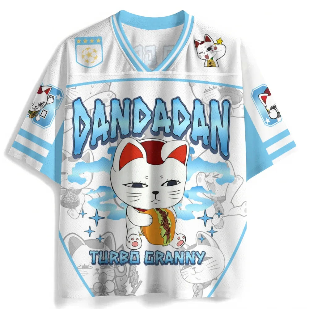 Dandadan Turbo Granny Football Jersey, Lucky Cat Maneki Neko Form Number 08 Sky Blue and White Anime V-Neck Jersey Shirt, Funny Yokai Sports Tee