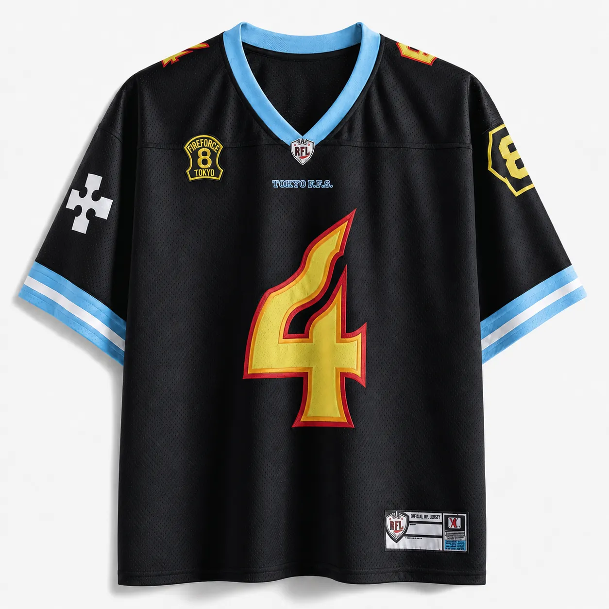 Fire Force Shinra Kusakabe Football Jersey, Company 8 Tokyo Number 4 Anime V-Neck Jersey Shirt, Black Sky Blue Gold Sports Tee for Fans