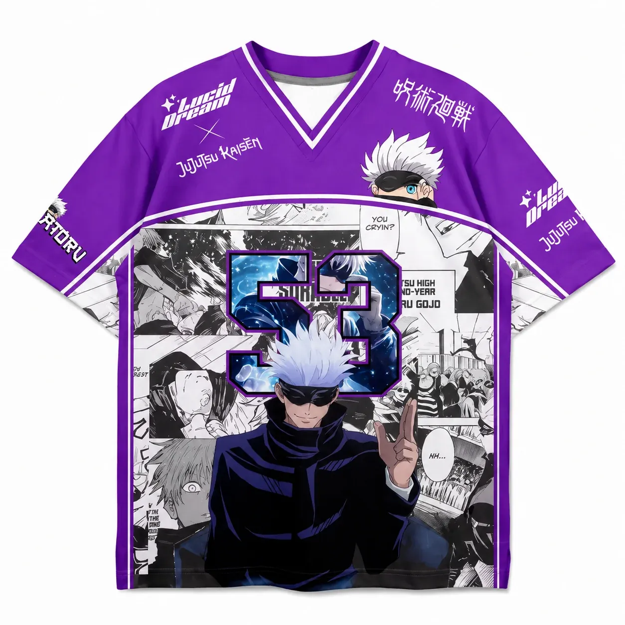 Jujutsu Kaisen Satoru Gojo Football Jersey, Number 53 Purple and White Manga Panel Anime V-Neck Jersey Shirt, Honored One Blindfold Sports Tee