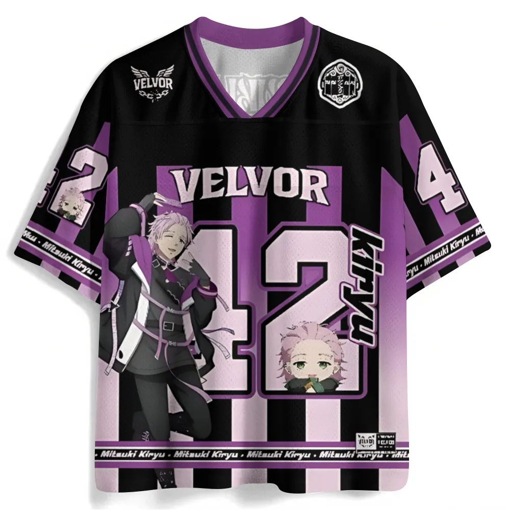 Wind Breaker Mitsuki Kiryu Football Jersey, Purple Pink and Black Striped Anime V-Neck Jersey Shirt with Number 42, Bofurin Chibi Fan Tee