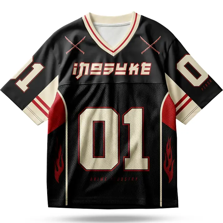 Demon Slayer Inosuke Hashibira Football Jersey, Beast Breathing Boar Mask 01 Anime V-Neck Jersey Shirt, Black Cream and Red Sports Tee