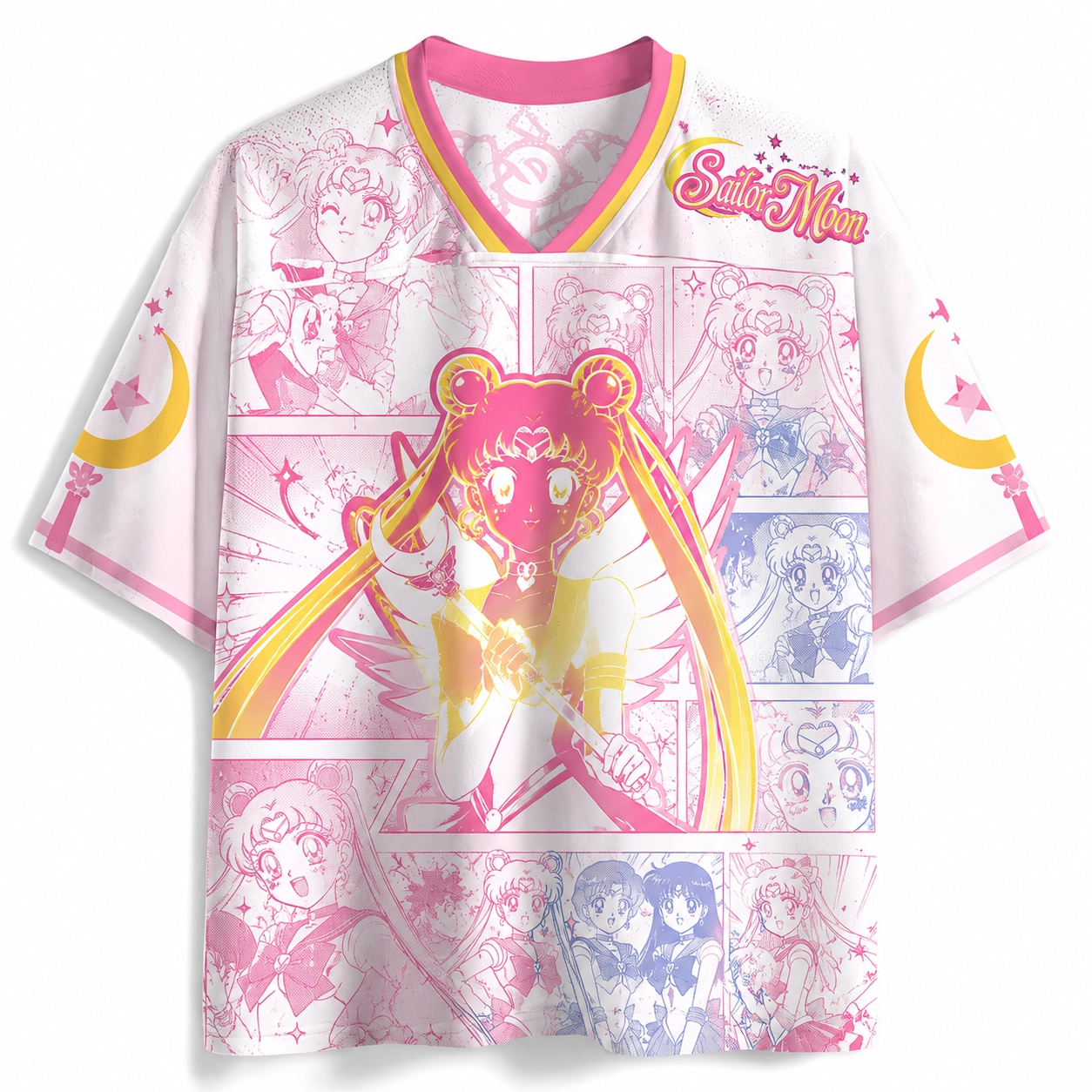 Sailor Moon Eternal Usagi Tsukino Football Jersey, Pretty Guardian Manga Panel Anime V-Neck Jersey Shirt, Pastel Pink White Crescent Tee