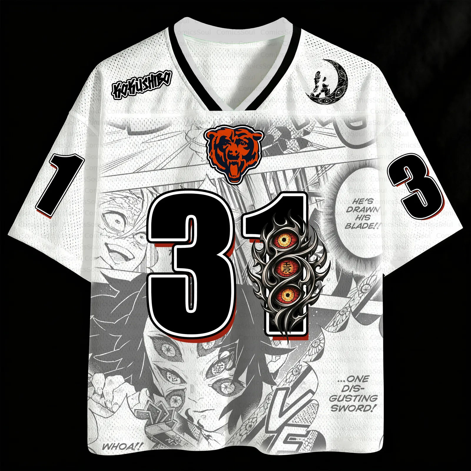 Demon Slayer Kokushibo Football Jersey, Upper Moon One Six Eyes Number 31 White and Black Manga Anime V-Neck Jersey Shirt, Kimetsu no Yaiba Tee