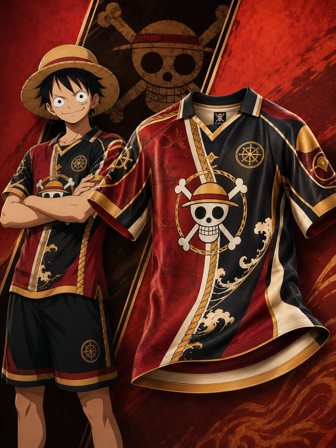 One Piece Monkey D Luffy Football Jersey, Straw Hat Jolly Roger Red Black and Gold Anime Jersey Shirt, Pirate Ship Wheel Sports Tee for Fans