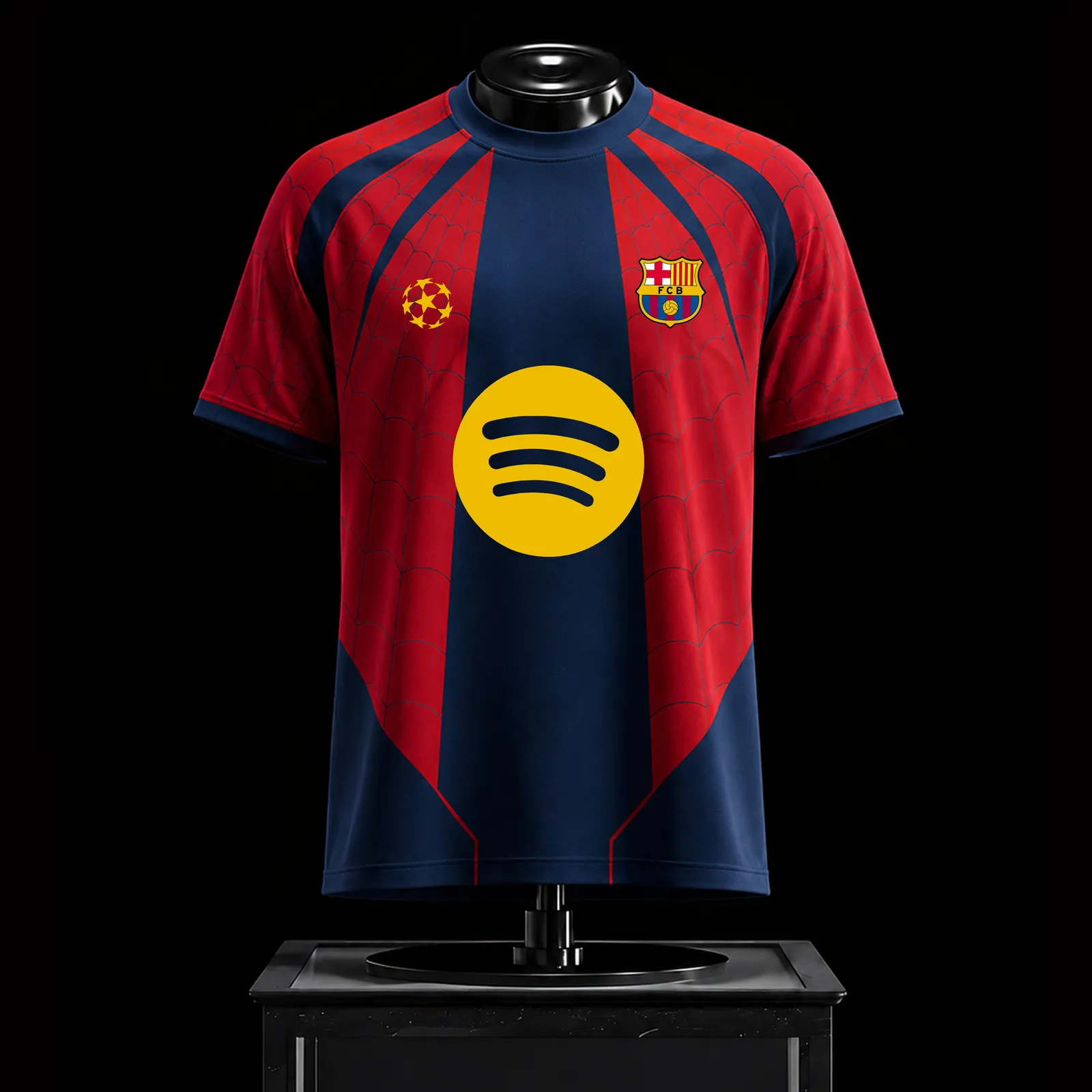 Spider-Man x Barcelona Football Jersey, Gold Emblem Red and Navy Crew Neck Soccer Style Jersey Shirt, Superhero Sports Tee for Fans