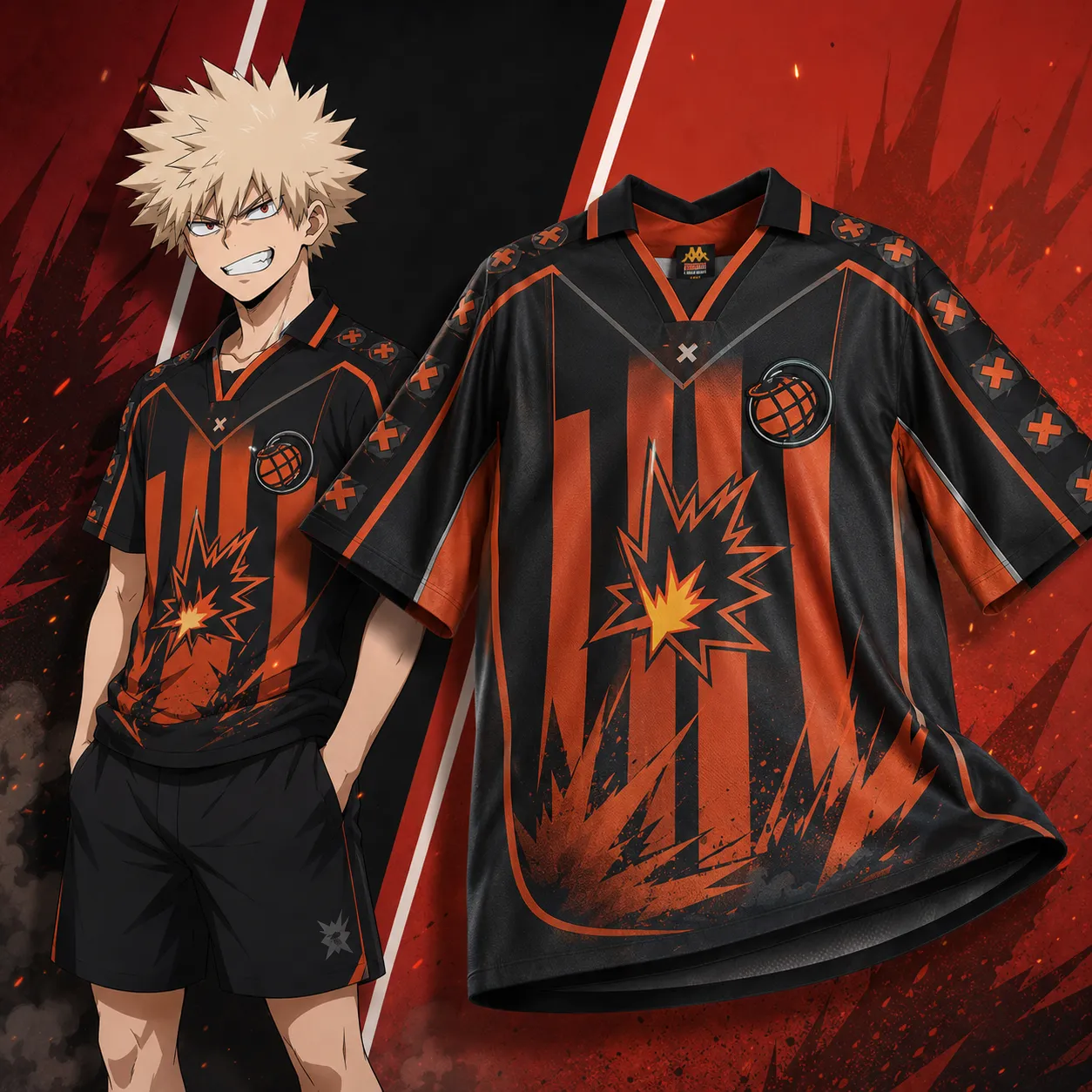 My Hero Academia Katsuki Bakugo Football Jersey, Great Explosion Murder God U.A. Anime Collared Jersey Shirt, Black Orange Striped Tee