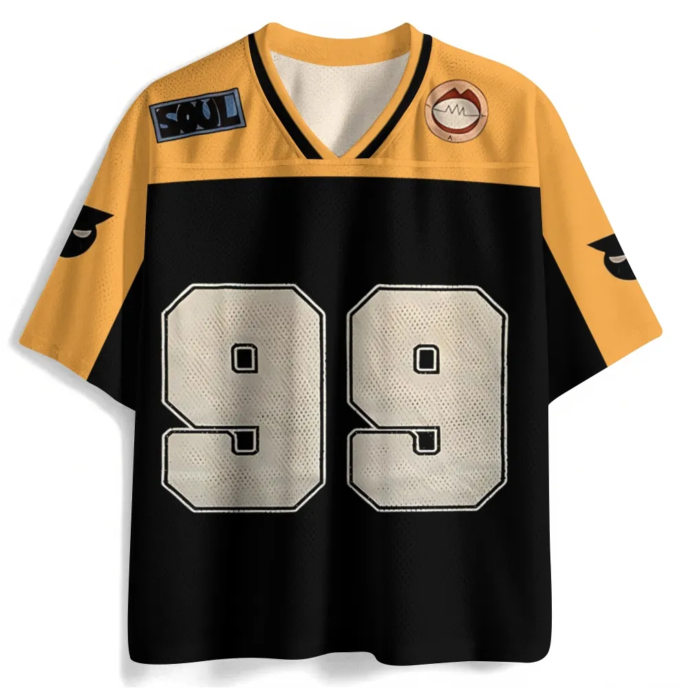 Sound Soul Football Jersey, Soul Eater Evans Inspired Number 99 Anime V-Neck Jersey Shirt, Mustard Yellow and Black Cosplay Sports Tee