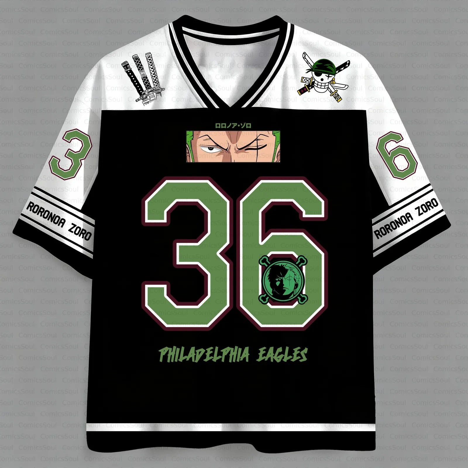 One Piece Roronoa Zoro Football Jersey, Straw Hat Pirates Santoryu Anime V-Neck Jersey Shirt, Black White Green Number 36 Tee for Fans