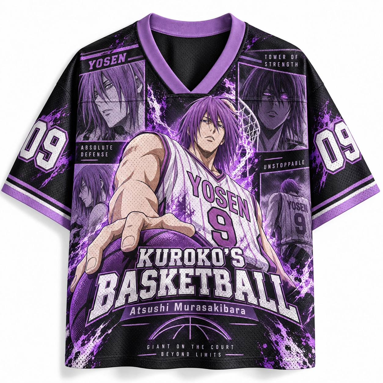 Kuroko's Basketball Atsushi Murasakibara Football Jersey, Yosen High Number 09 Giant of the Court Anime V-Neck Jersey Shirt, Black Purple Tee