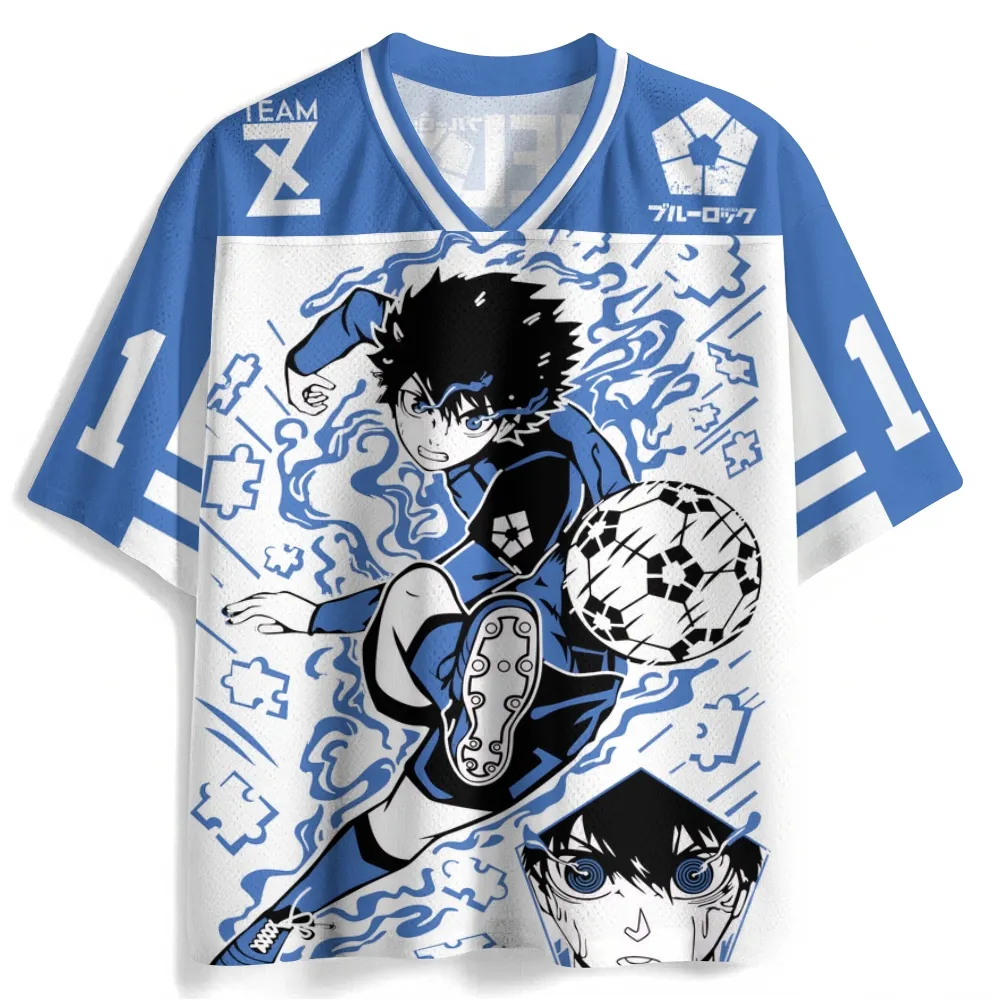 Blue Lock Yoichi Isagi Football Jersey, Team Z White and Cobalt Anime V-Neck Jersey Shirt with Number 11, Puzzle Piece Striker Fan Tee