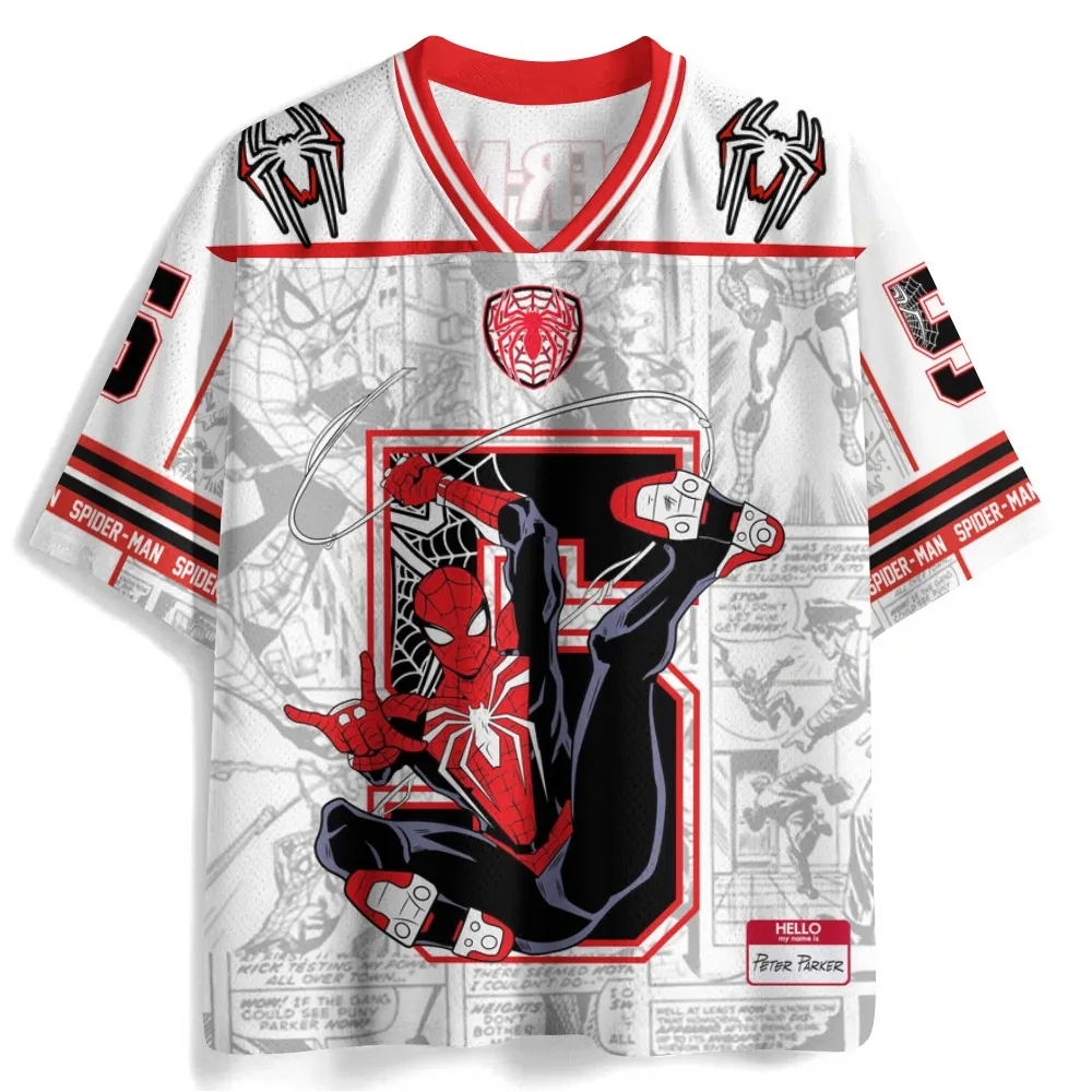 Spider-Man Peter Parker Football Jersey, Number 5 Comic Page Marvel V-Neck Jersey Shirt, White Red Black Mesh Tee for Superhero Fans