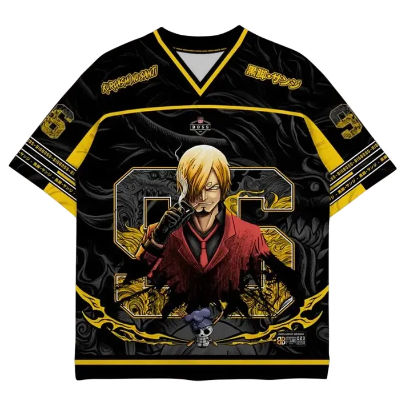 One Piece Vinsmoke Sanji Football Jersey, Kuroashi Gold and Black Anime V-Neck Jersey Shirt, Red Suit Chef Jolly Roger Straw Hat Fan Tee